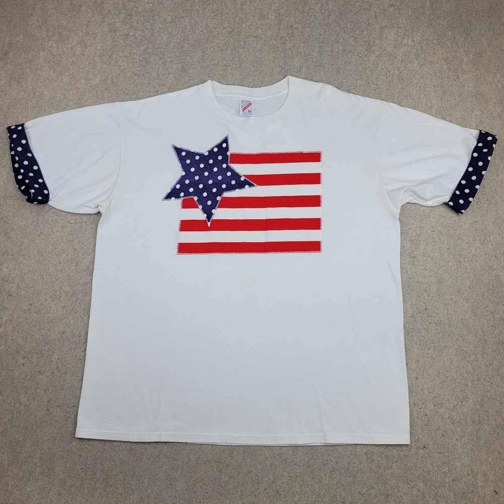 Vintage Jerzees Shirt Mens XL White 50/50 Heavyweight USA Flag‎ Short Sleeve